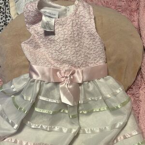 Bonnie Jean Pink and White Floral Dress with Satin Bow